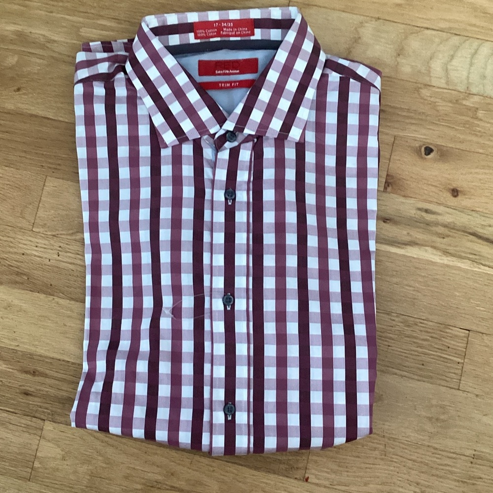 Saks Red. Trim Fit Burgundy and White Check Dress Shirt.